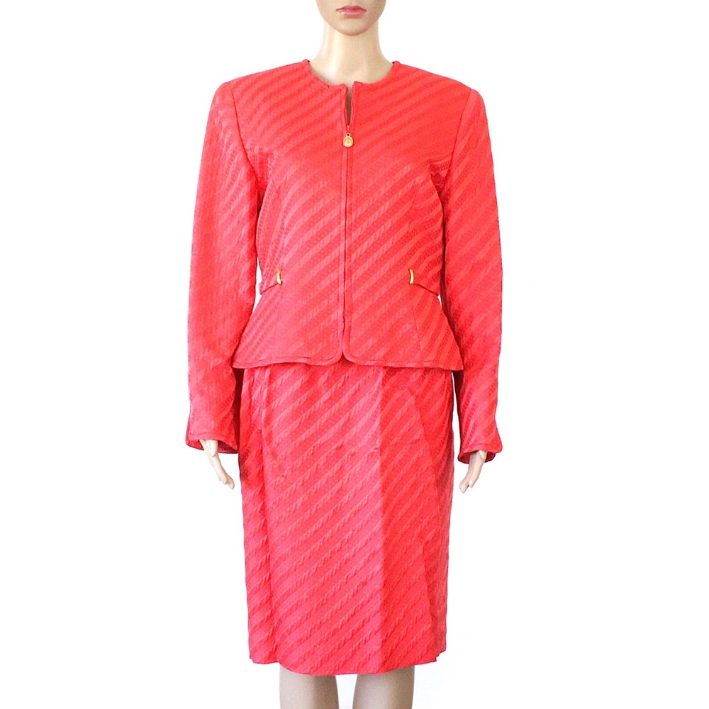 Vintage Christian Dior Jacket & Skirt Suit Set Pink Jacquard Cotton Silk Size 8